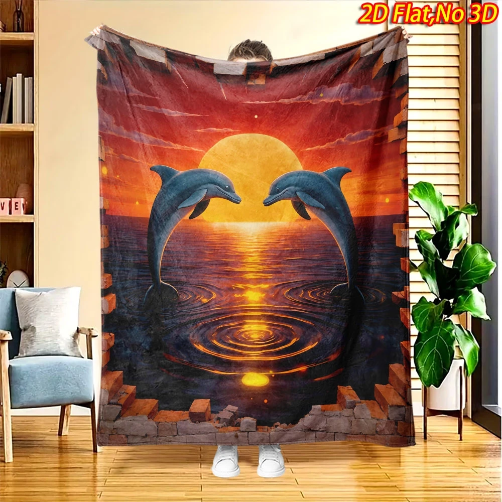 3D Broken Brick Border Sunset Ocean Twin Dolphins Flannel Throw Blanket, Warm Cozy Blanket, Decor Gift For Ocean Lovers Bedroom