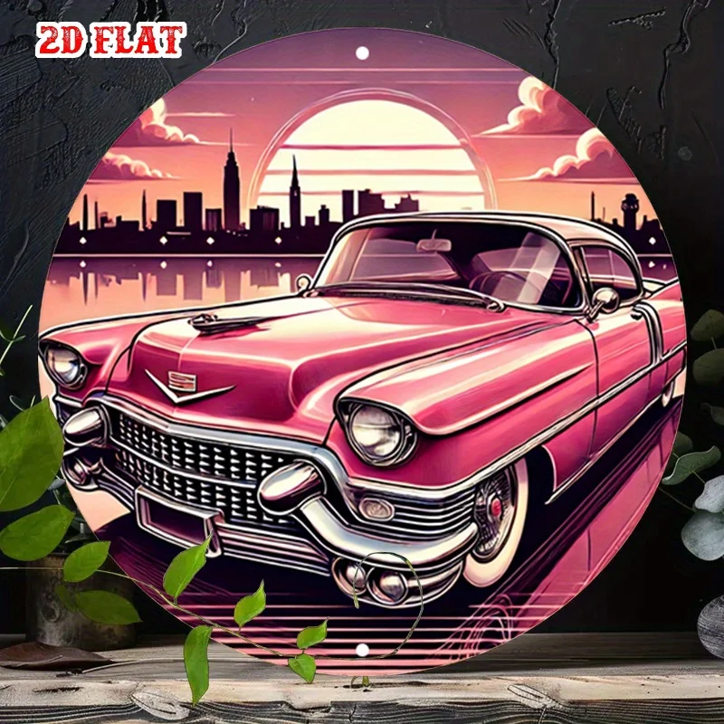 2D-Plakat, 1 Stück, rundes Schild mit Stadtsonnenuntergang-Motiv, Retro-runde Wanddekoration, für Zuhause, Garage, Restaurant