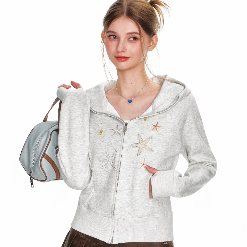 American Design Hooded Gray Sweatshirt Women's Jacket 2025 New Autumn Casual Fashion Slimming Versatile Sweet Cool Coat Ladies