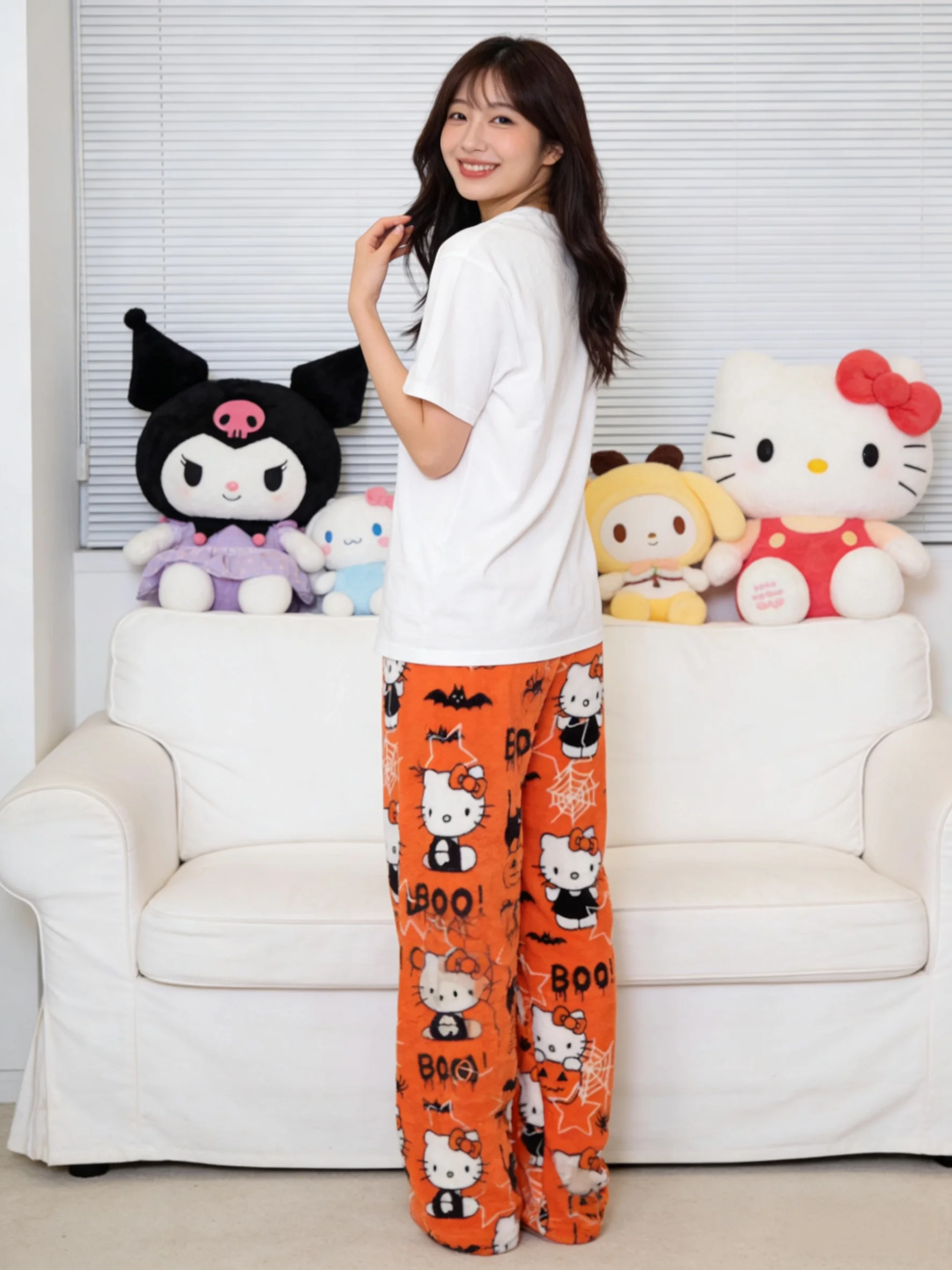 Hello Kitty Flannel Sleep Pants, Orange Warm Long Pants, Stylish Strolling Pants for Parties! Ideal Holiday Gift! view 4