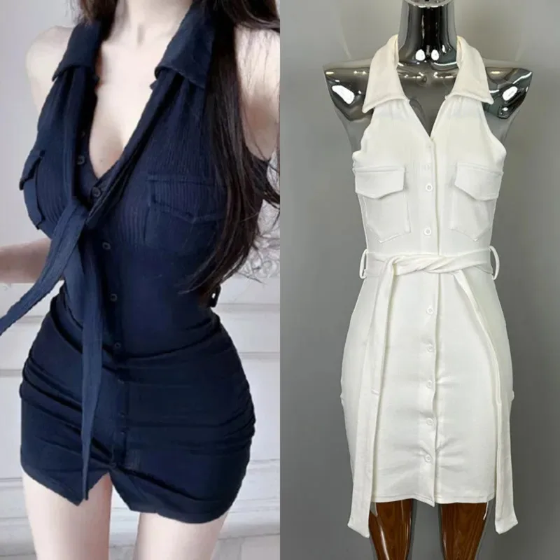

Korean Knitted Dresses Hip Hugging Skirt Women Y2K Dongdaemun Sexy Sleeveless Lace Up Single Breasted A-line High Waist Dresses