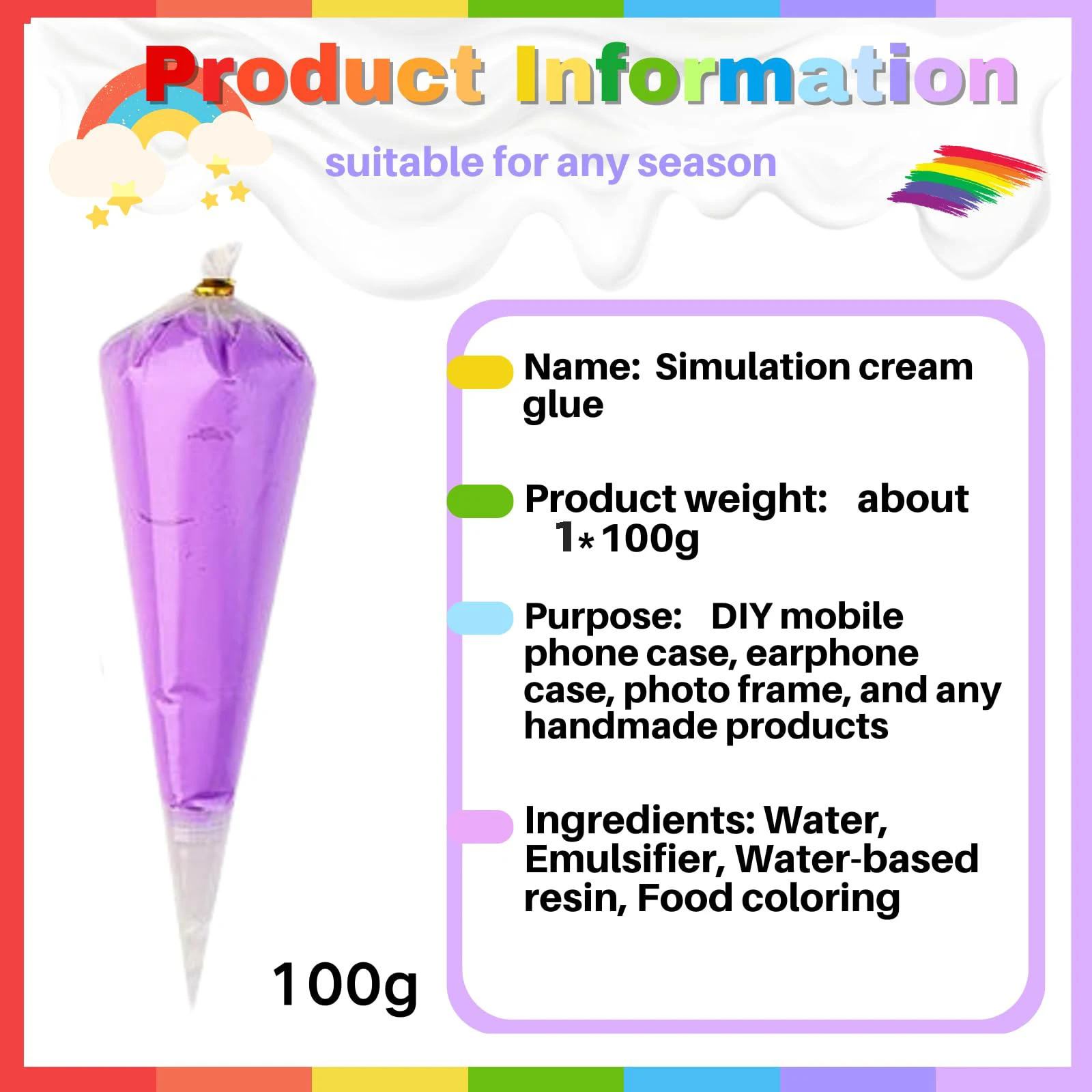 100g simulation buttercream adhesive with nozzle for cell phone cases, DIY cupcakes, sundaes and birthday gifts.