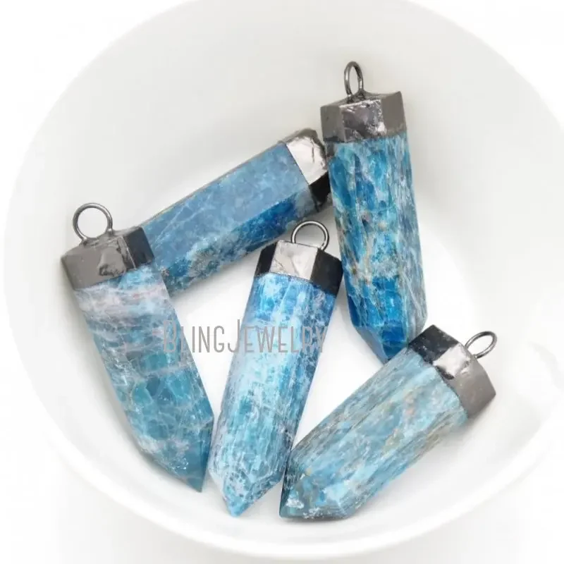 10pcs Blue Apatite Crystal Tower Pendant Point Talisman Witch Wicca Goth Boho Beach Pendulum Obelisk Jewelry Charm