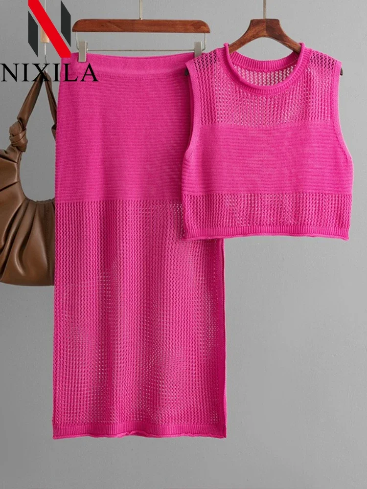 

New Spring Summer Hollow Out Beach Skirts Outfits for Women Knit Tank Tops Skirts with Slit Sexy Long Skirts Sets Women 2 Piece