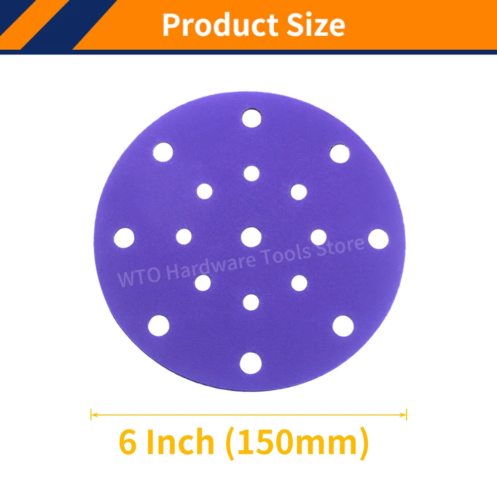 50 Buah 6 Inci 17 Lubang Cakram Pengamplasan Kait dan Lingkaran, 40-2000 Grit 150Mm Cakram Pengamplasan Keramik Film Ungu untuk Dempul, Cat, Logam, Kayu