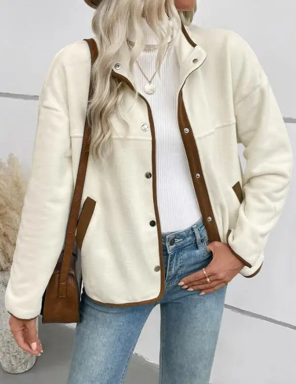 

Casual Women's Coat Autumn New Fashion Color Blocked Border Design Stand Up Collar Button Front Jacket Suitable for Daily Use