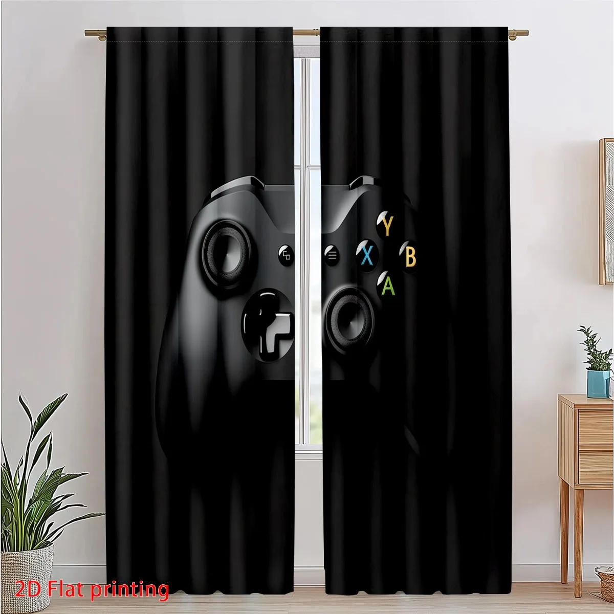 Black Game Controller Curtain, Joystick Gamer Room Decor Window Drape, E-sports Theme Boys Bedroom Blackout Fabric, Cool Gift