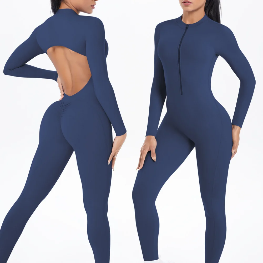 

Цельный костюм для йоги с высокой интенсивностью и молнией сзади с длинными рукавами для бега, фитнеса и тренировок