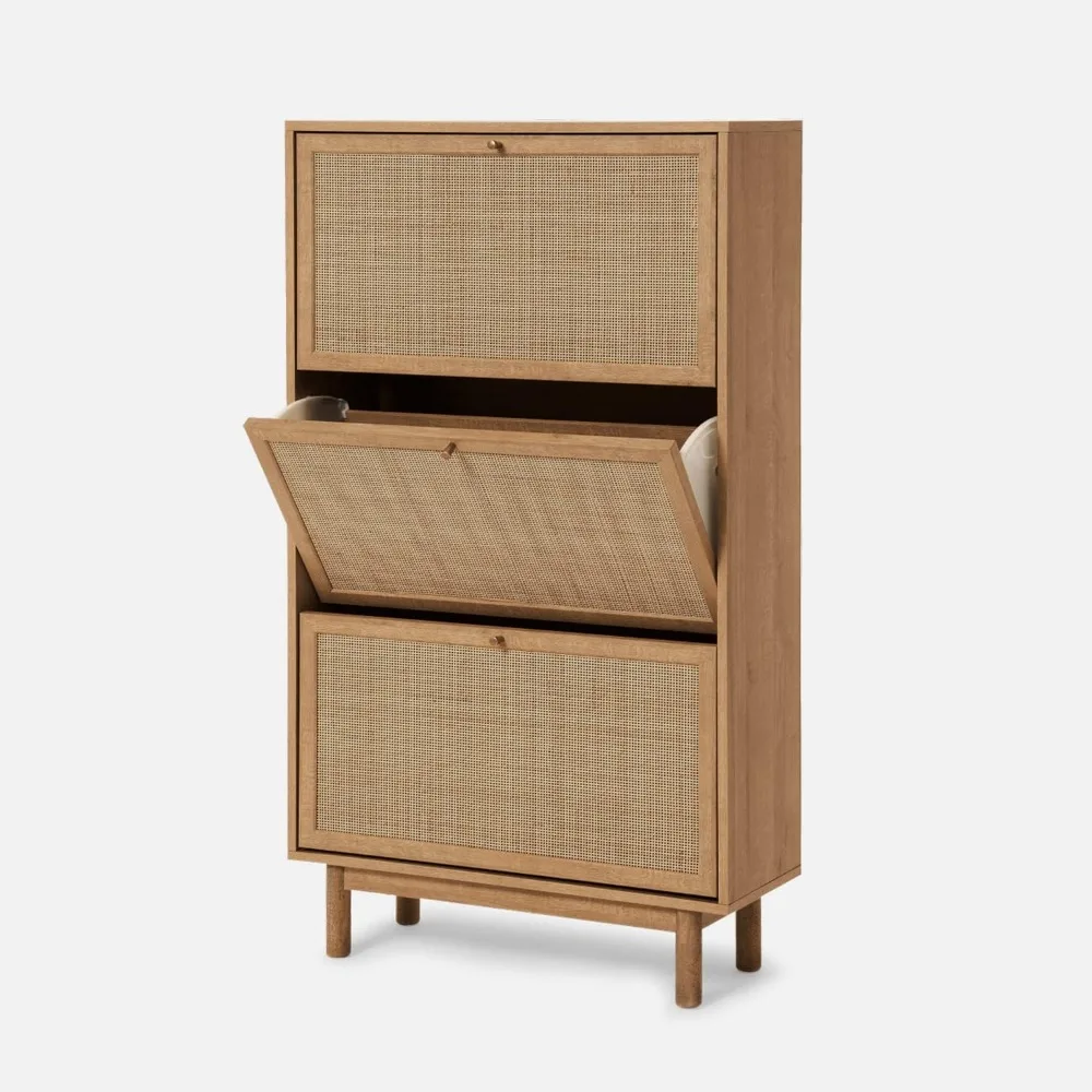 Shoe Cabinet, Natural Rattan Farmhouse Organizer, Storage, Closet Rack for Entryway, with Spacious Cabinet, Shelves