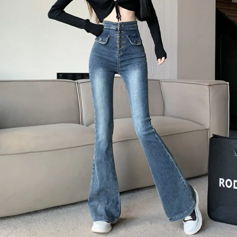 New Super High Waist Flare Jeans Women's Elegant Vintage Button Fly Skinny Denim Pants Streetwear Slim Korean Trousers