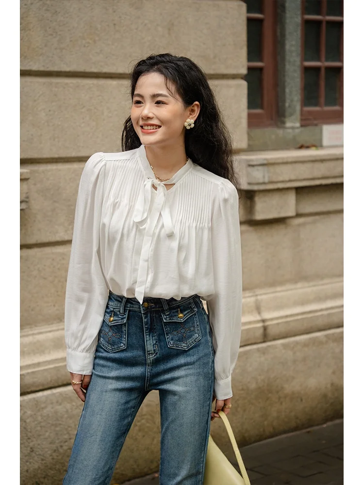 

Romantic White Knot Tie Long Sve Women's Chiffon irt Early Autumn Branching Small ence Faion Top