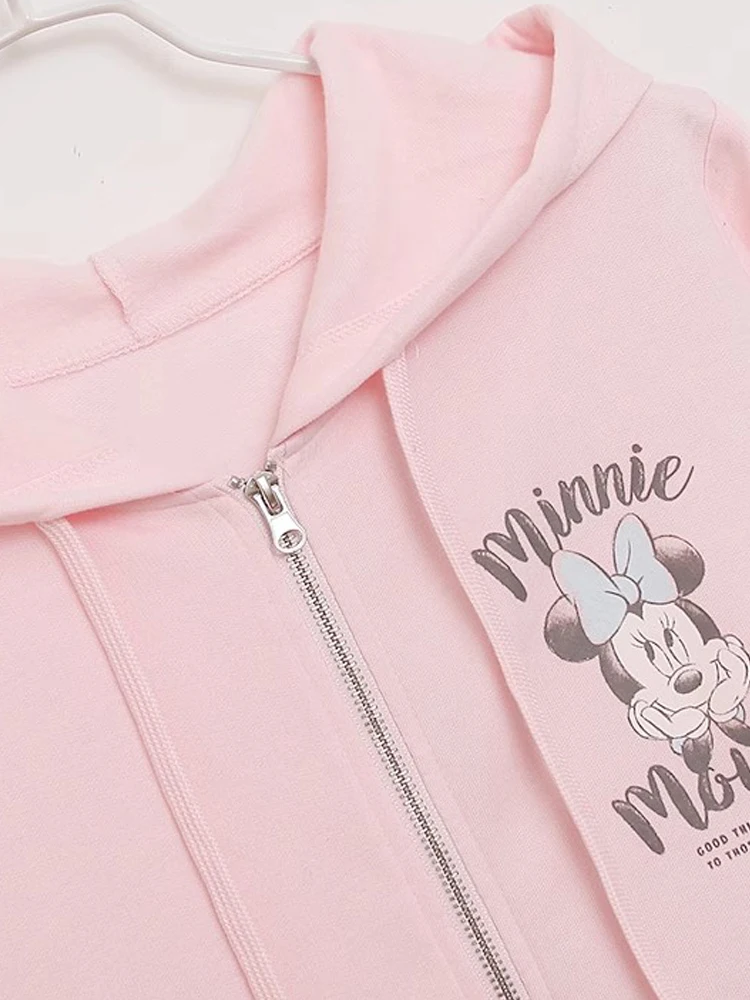 Disney Sweatshirt Minnie Mouse Cartoon Print Fashion Women Hooded Zip Up Long Sleeve Jumper Jacket Tops + Long Pants Pink Female