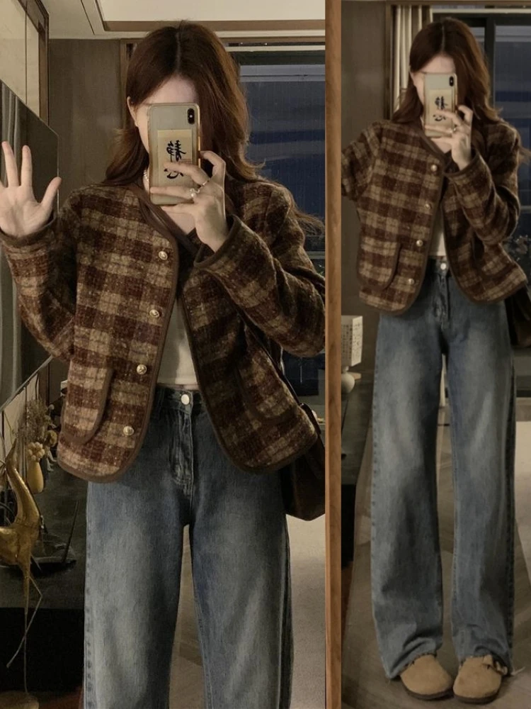 Vintage Plaid Woolen Coat Women's Spring Autumn Short Style Large Size Fashionable Casual Button up Knitwear Top