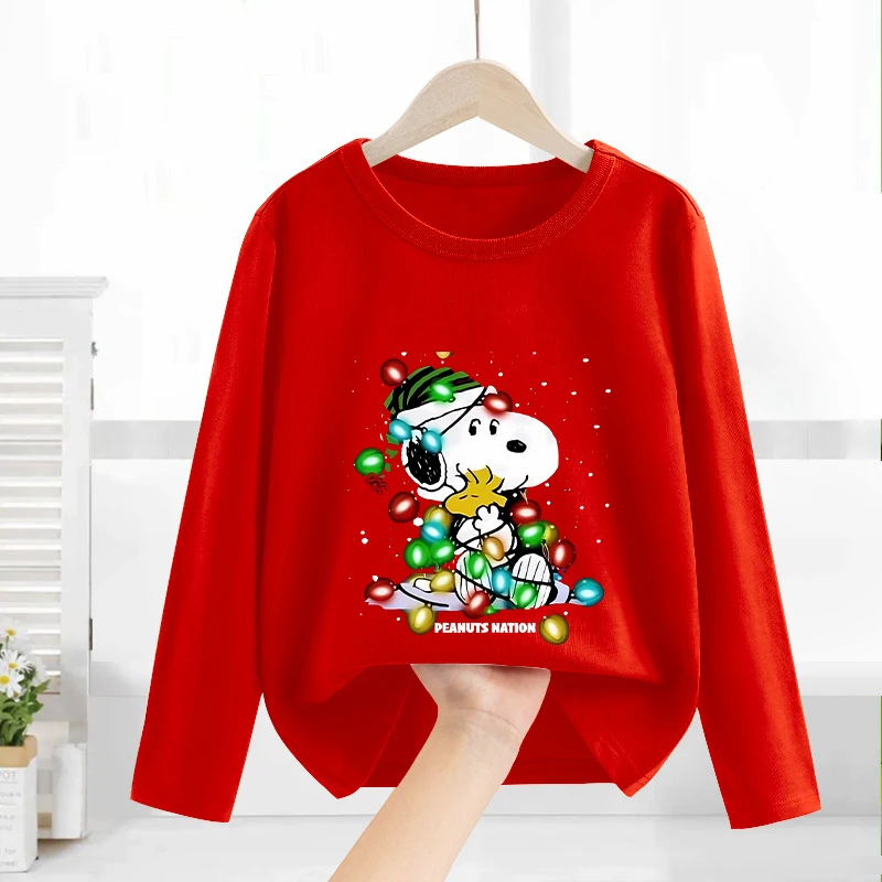 

Snoopys Christmas Long Sleeve Girls Boys T-shirt Red Kawaii Tops Casuals T-shirt Autumn Children Clothing New Year Xmas Gifts