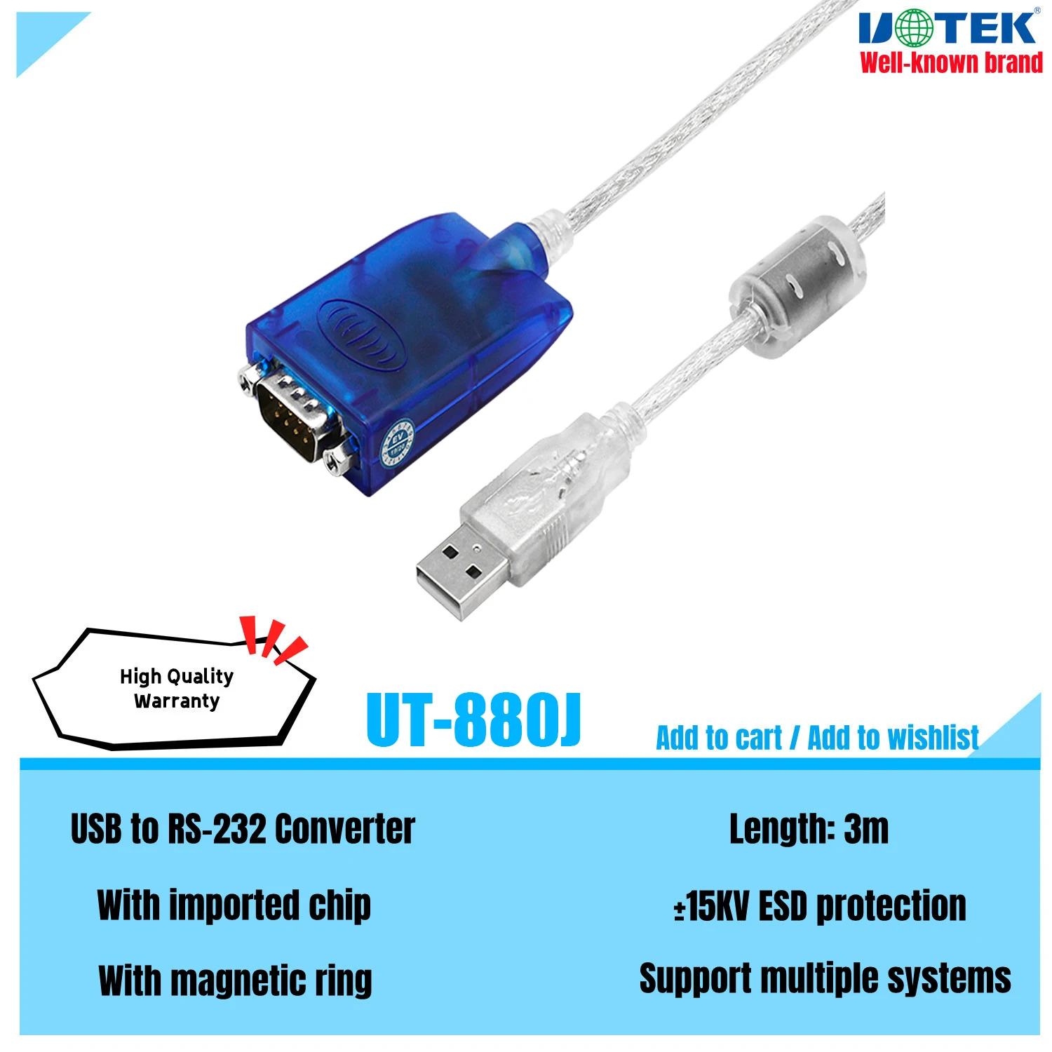 UOTEK 3M USB to RS232 Converter DB9 USB2.0 RS-232 Conversion Cable Serial Connector COM Adapter with Imported Chip UT-880J