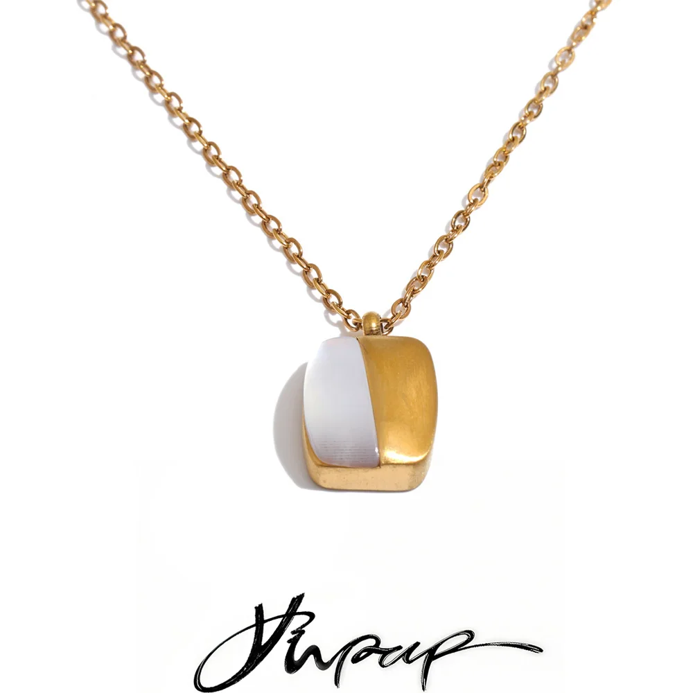 Yhpup Stainless Steel Chain Natural Shell Square Necklace Pendant Waterproof Trending Aesthetic Daily Women Jewelry Gift