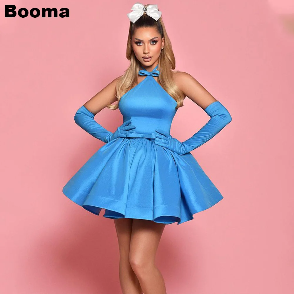 Booma Blue A-Line Taffeta Mini Prom Dressses Halter Sleeveless Ball Gowns Cocktail Dress for Women Birthday Party Gowns Outfits