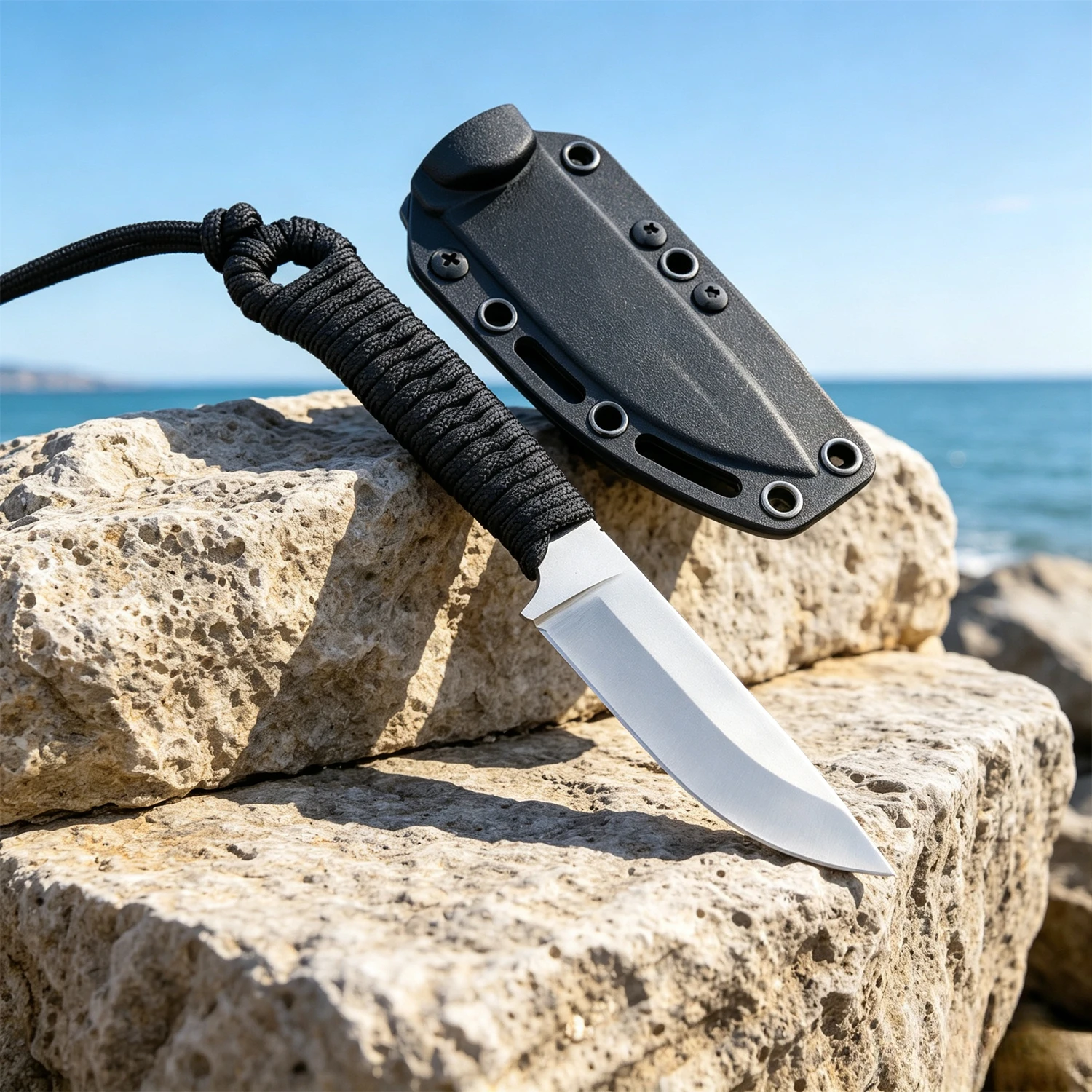 Long-Lasting Outdoor Fixed Blade Knife, 440C Stainless Steel Wear-Resistant Nylon Cord Handle, Complete with Kydex Sheath