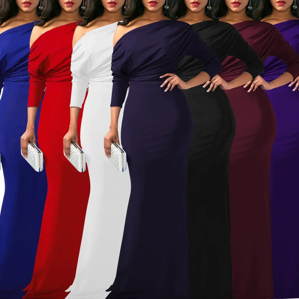 Sexy Fashionable Asymmetrical Shoulder Women's Dress with Slight Creasing on Chest Independent Station 2025 Long Evening Gown