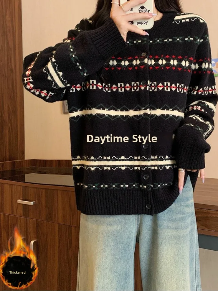 

plus Size Heavy Knit Sweater Women Winter New Style Color Block Loose Slimming Christmas Overhead Knitted Top Large Size