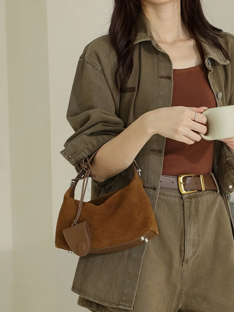 2026 New Arrival Niche Suede Dumpling Bag, Matte Cowhide Pillow Bag, Genuine Leather Vintage Handbag for Women, Crossbody Purse