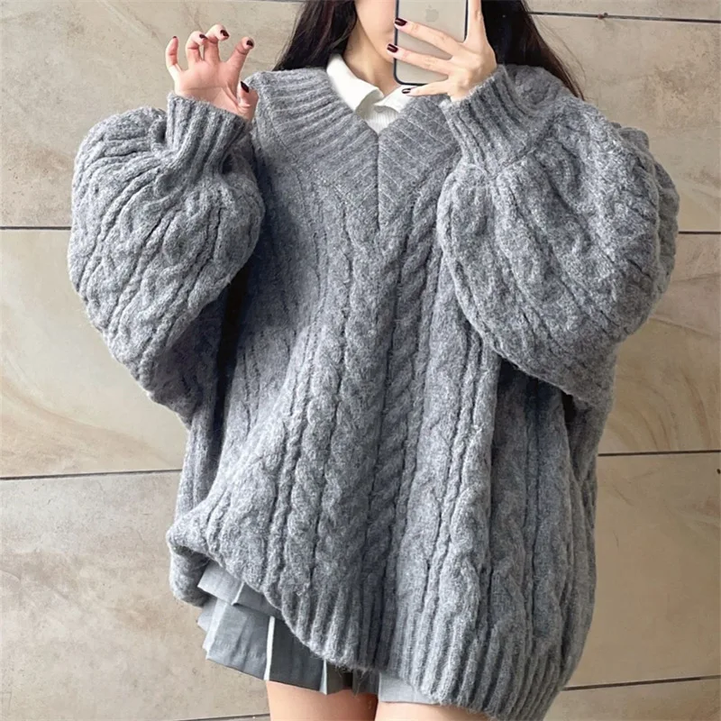 V-neck Sweater Gentle Style Twisted Pullover Loose Lantern Sleeve Knitted Sweater Top