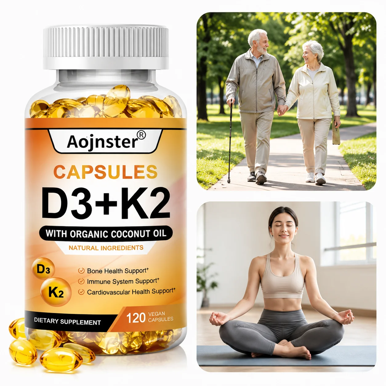 Vitamin D3+K2 Capsules Organic Coconut Oil for Seniors Boost Calcium Absorption Support Bone Density & Joint Health 120 Vegan