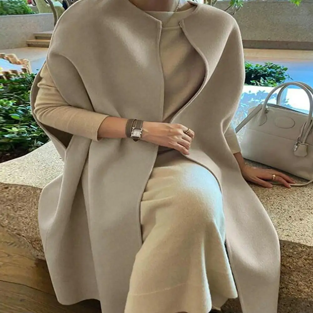 Japanese Style Batwing Fit Sleeveless Thick Warm Cloak Women Autumn Winter Open Stitch Solid Color Long Cardigan Cape