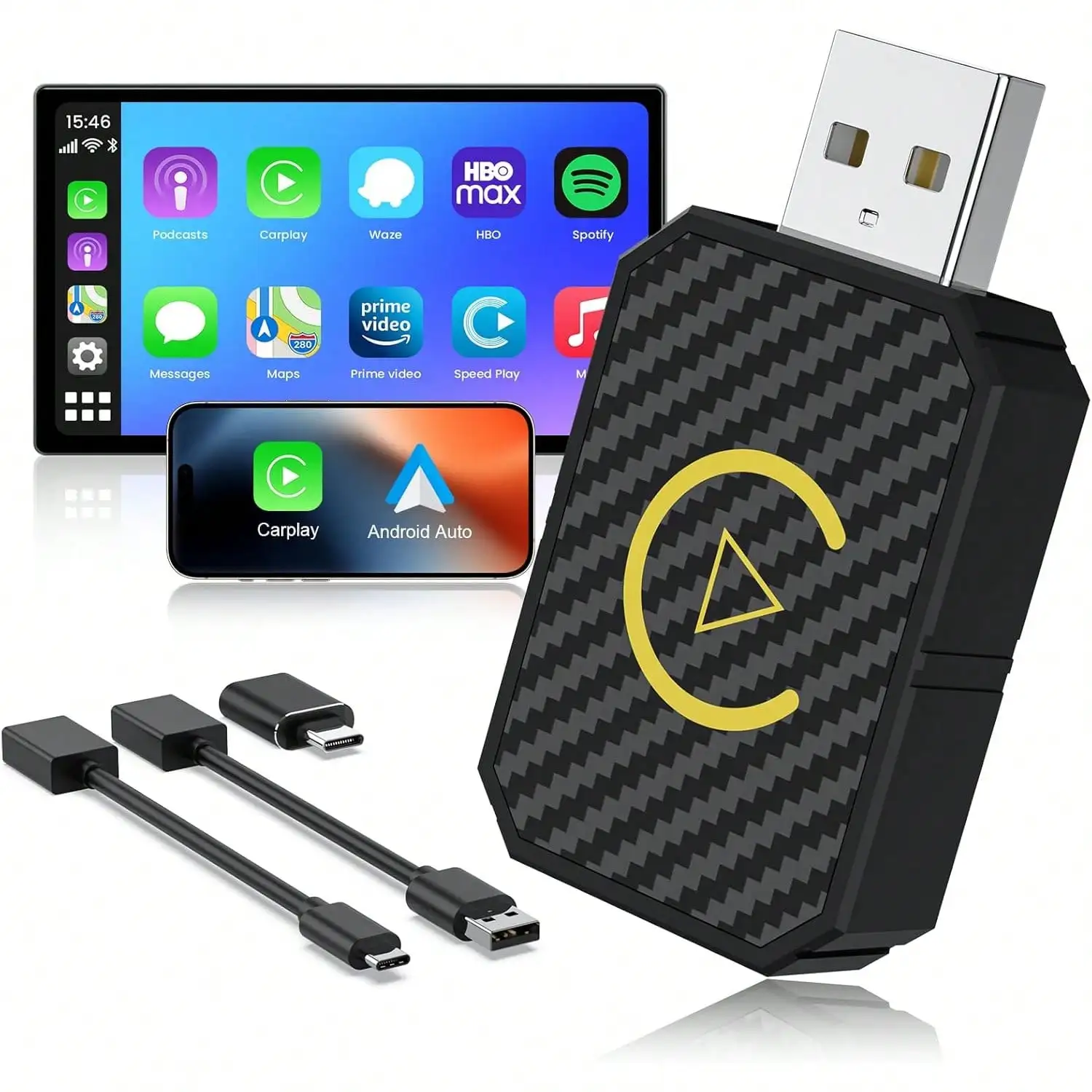 

2-in-1 Wireless CarPlay & Android Auto Adapter, fits factory wired CarPlay vehicles made after 2016. Features easy pairing, strong compatibility, stable and fast connection for automotive use.