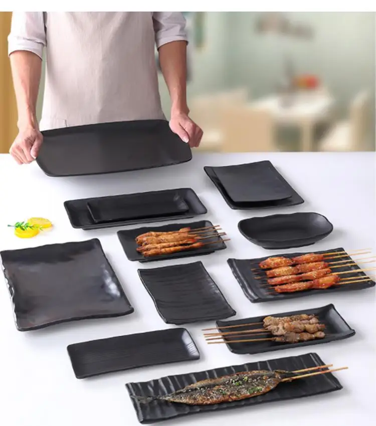 Striped Melamine Plate for Food, Korean Food Storage Tableware, Black, Very Suitable Dessert, Sushi, Meat and Barbecue