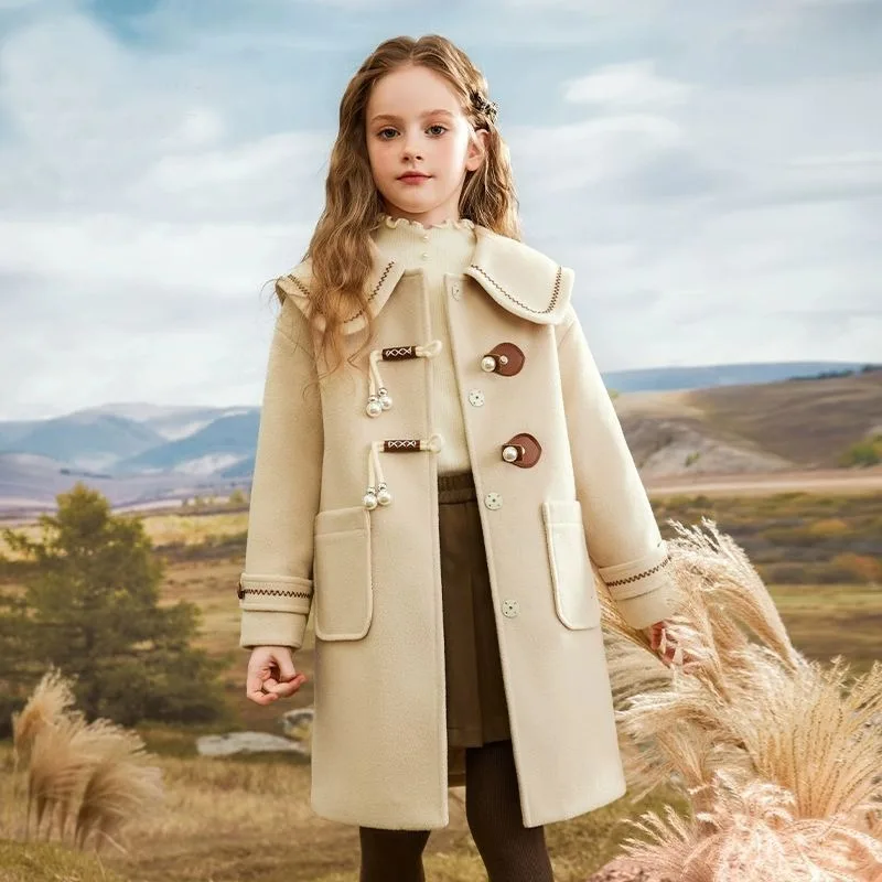 

Thickened Academic Style Girls' Woolen Coat Autumn Winter New Mid Length Warm Winter Coat for Kids Children's Luxury Lined Parka