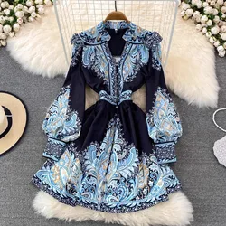 Bohemian Style Party Dress Women Lapel Short Sleeved Printed Floral Dresses Ladies Spring Summer Elegant Slim A-line Midi Robe