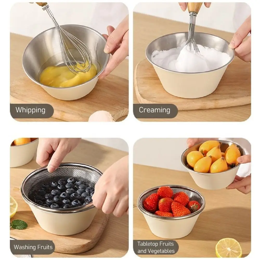 Stainless Steel Colander with Bowl Beige Silver Microporous Structure Rice Strainer Large Capacity Multifunctional Design