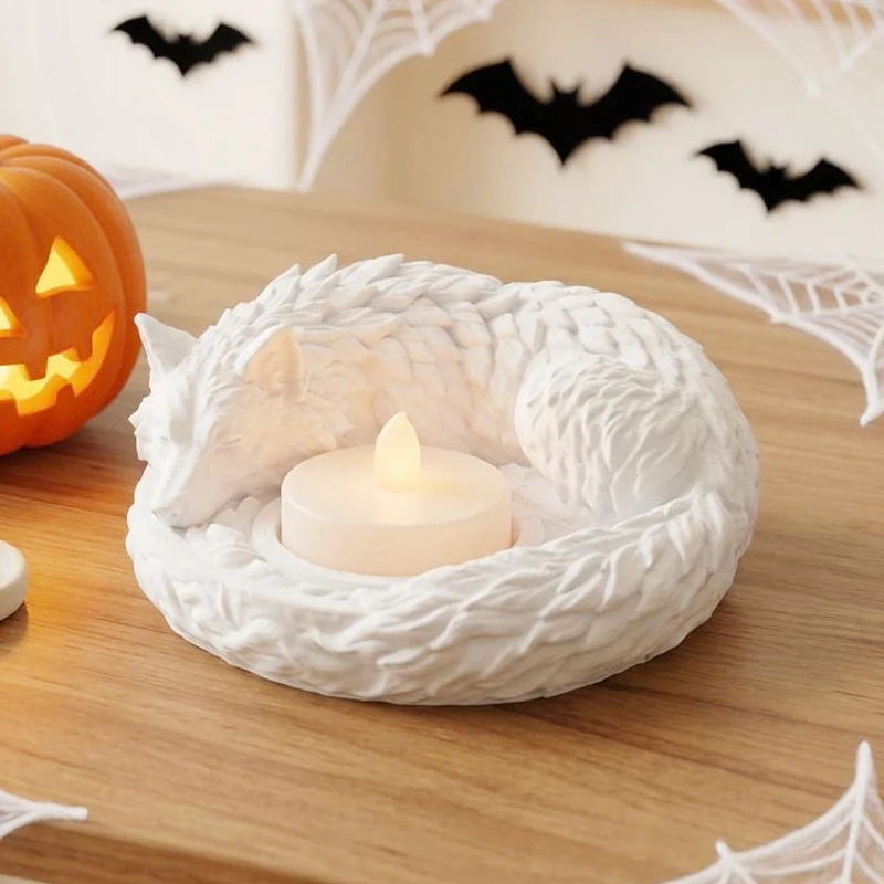1Pc Closed-Eye Resting Lone Wolf-Style Candle Holder Ornament 3D Printed Animal Sculpture For Halloween Home Decor Accent
