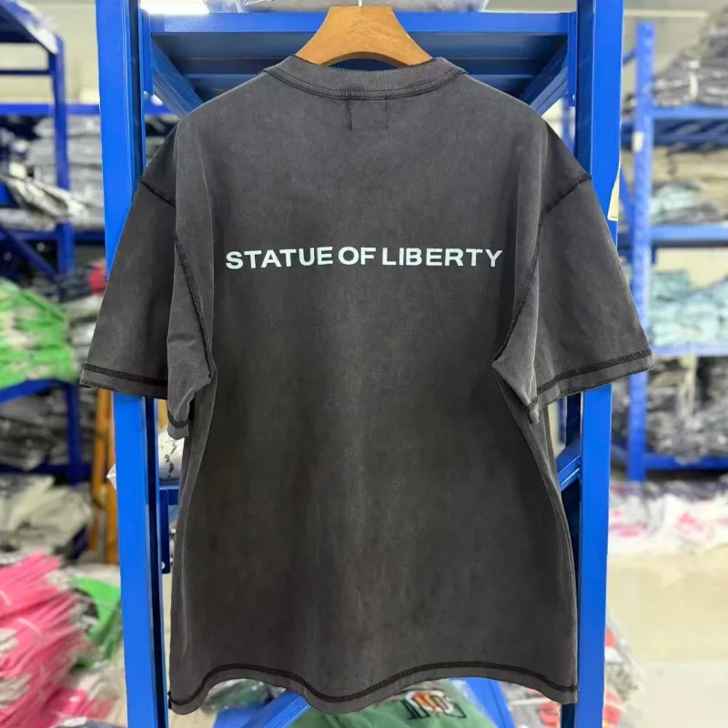 Oversized Vintage Washed T-Shirt Men Liberty Print Reverse Stitch Gothic Streetwear Cotton Tee