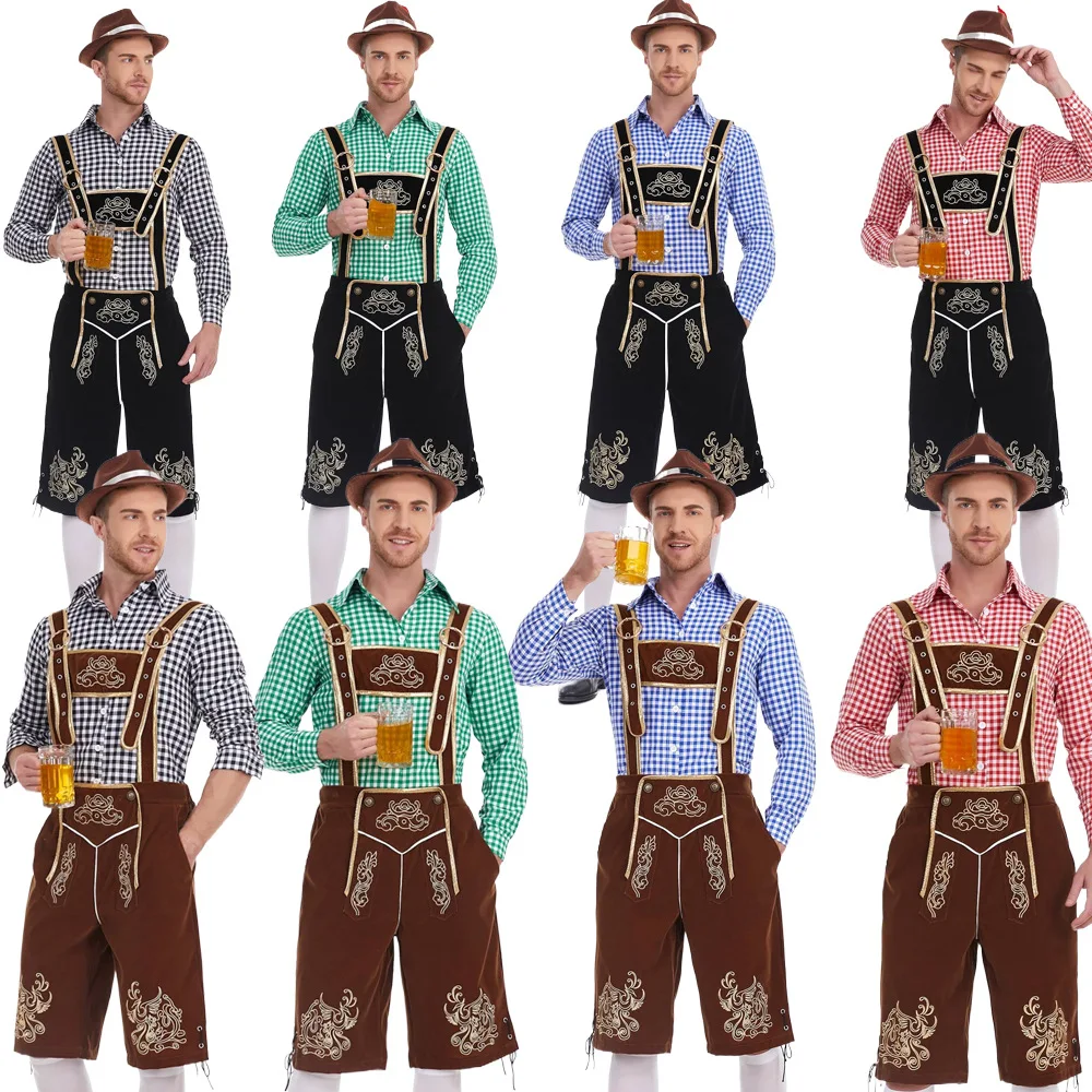 

German Oktoberfest Costume Beer Festival Party Lederhosen Cosplay Outfit Bavarian Traditional Clothes Suspenders Shorts With Hat