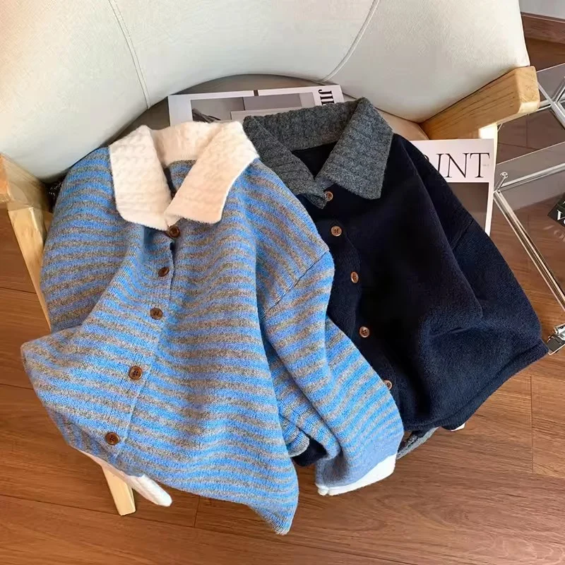 

Fashion Autumn winter Lapel Striped Knit Sweater Cardigan Women's Long Sleeve Casual All-match Knit Sweater Ladies Outwear Tops