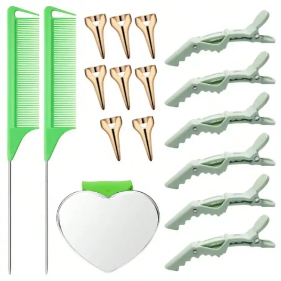 

D17 Pieces Hair Parting Tools Set Heart Included 8P Hair Parting Ring 2P Metal Rat Tail Comb 6P Hair Sectioning Clip With 1P Magnetic Wrist Sewing Pin Holder For Braiding Green
