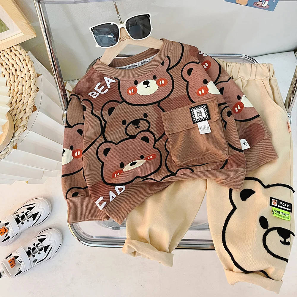 2024 Spring New Baby Boys Clothing Sets Cartoon Bear Long Sleeve Round Neck Sweatshirt + Sweat Pants Children\'s Casual Clothes