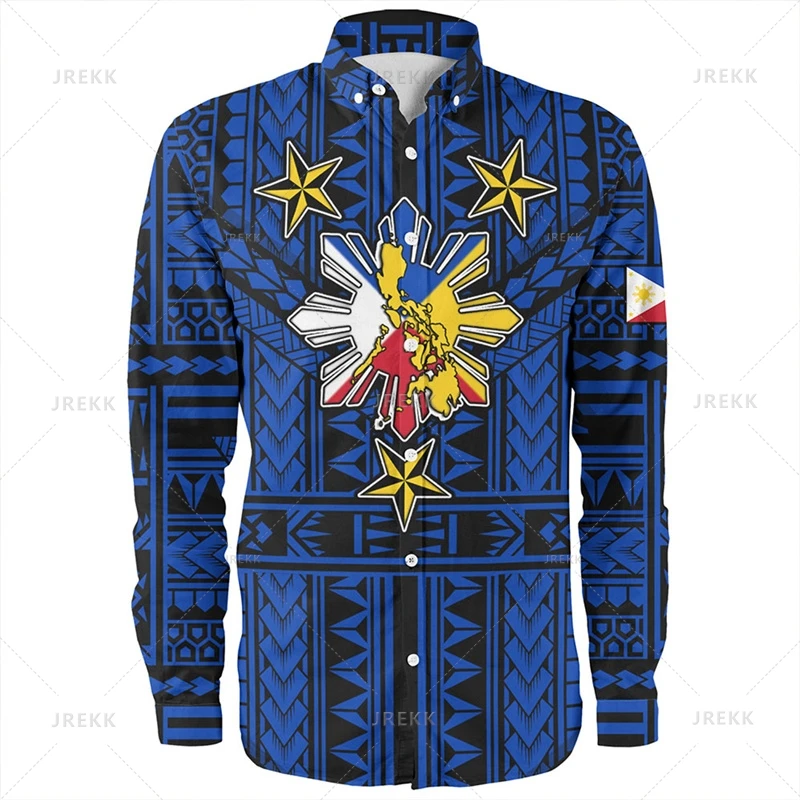 Small Size 3D Print Philippines Ethnic Emblem Long Sleeve Shirts Mens Philippines Tribal Patterns Graphic Shirts Blouses Clothes