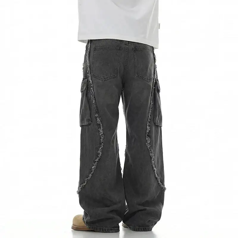 Men's High End Cargo Jeans European Casual Raw Edge Deconstructed Design High End Denim Avant Garde Streetwear CL42