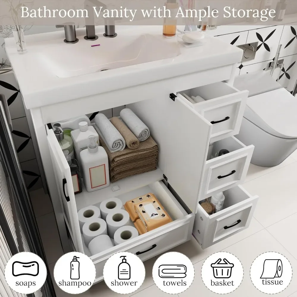 خزانة حمام مقاس 36 بوصة مع حوض، وخزانة حوض الحمام مع بابين، و4 أدراج، وحوض سيراميك (بدون صنبور) #2