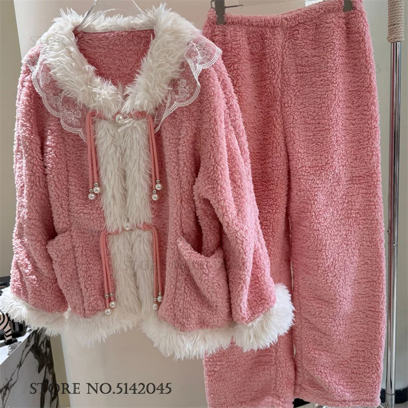Winter New Coral Fleece Women 2Pcs Pajamas Set Sleepwear Sweet Style Cute New Year Homewear Pijamas Suit Thicken Warm Nightwear