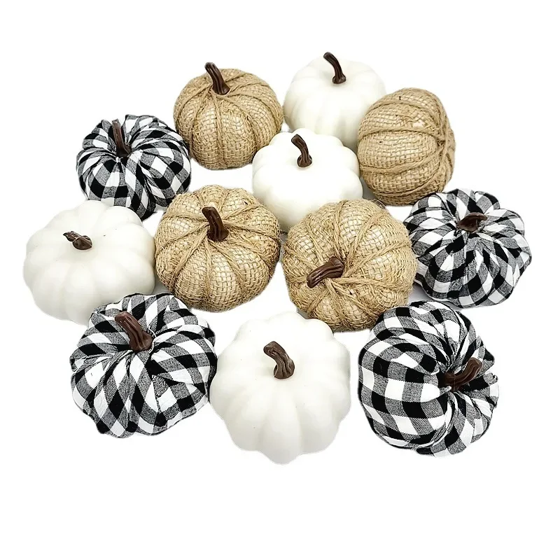 

Halloween Decoration Pumpkin Model Simulation Black and White Plaid Party Decoration Burlap Pumpkin White Pumpkin Set