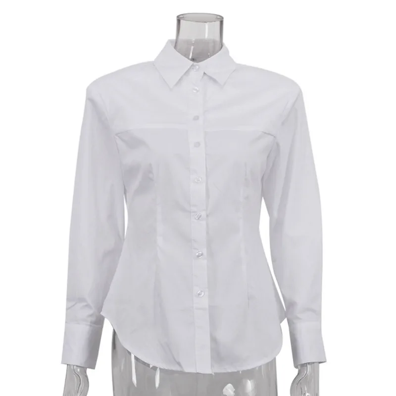 EAEOVNI Weißes, modisches Hemd mit geraffter Taille für Damen, Revers, lange Ärmel, einfarbig, Knopf, vielseitige Tops, 2025, Neu 1A1677