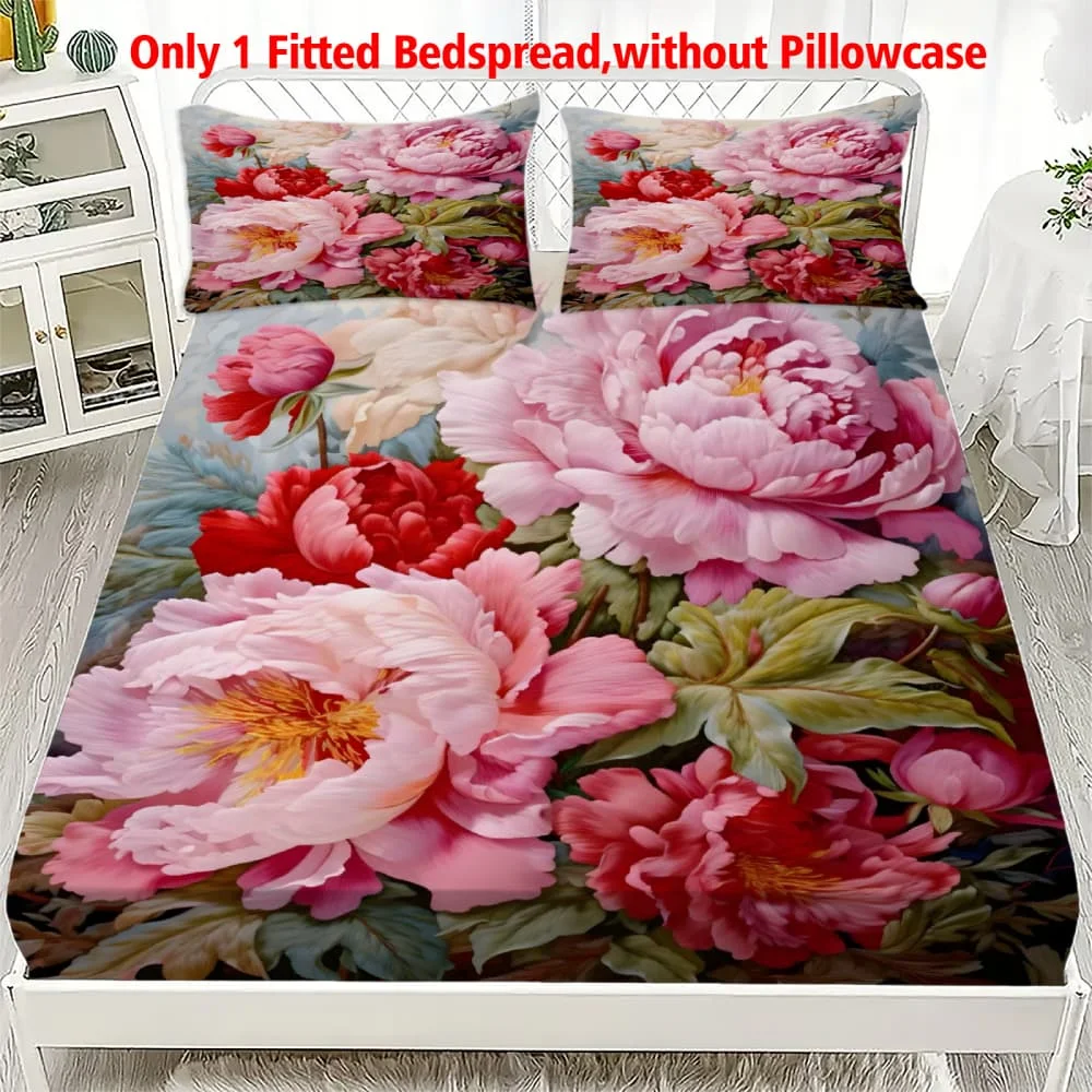 1pc Vibrant Peony Floral Print Fitted Sheet Deep Pocket Elastic Mattress Cover Single Double Queen King Bedroom Decor
