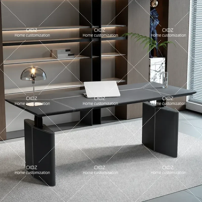 Electric Height Adjustable Standing Desk Saddle Leather Computer Table for Home Office Study Gaming Workstation Smart Lift
