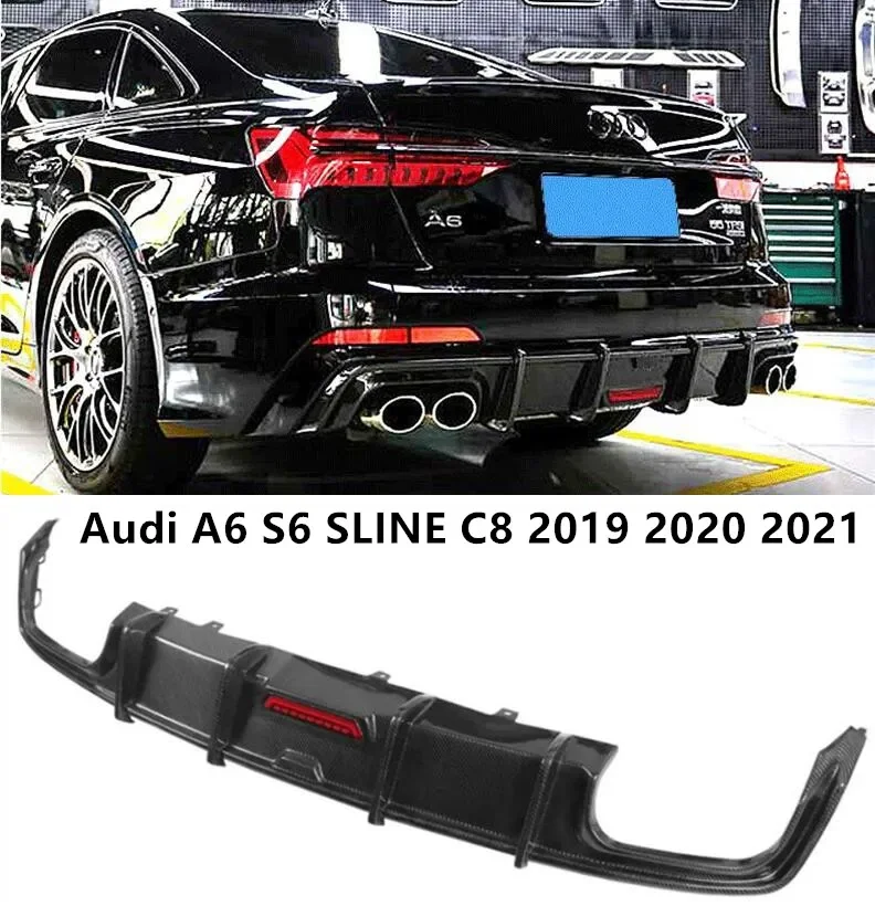 Rear Bumper Diffuser For Audi A6 S6 SLINE C8 2019 2020 2021 2022 Trunk Door Lip Spoiler Real Carbon Fiber (With LED Light )