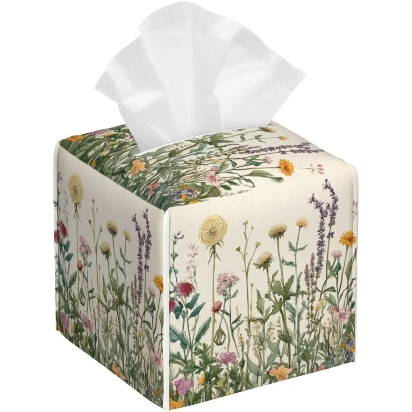 Vintage Löwenzahn-Kräuter Taschentuchbox-Abdeckung Frühling Sommer Wildblumen Blumenmuster Quadratischer Leder-Taschentuchhalter Dekorativer Gesichtstuchspender