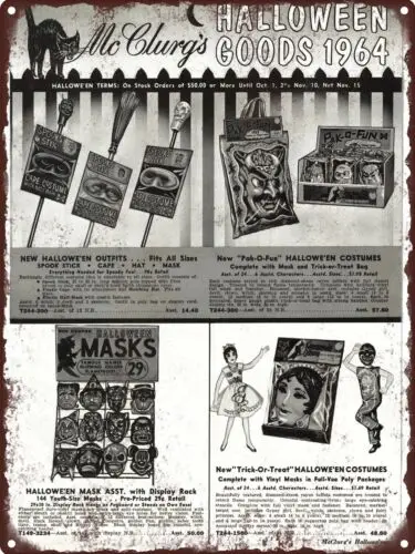 1964 McClurgs Halloween Costumes Masks Rack Trick Treat Metal Sign 9x12